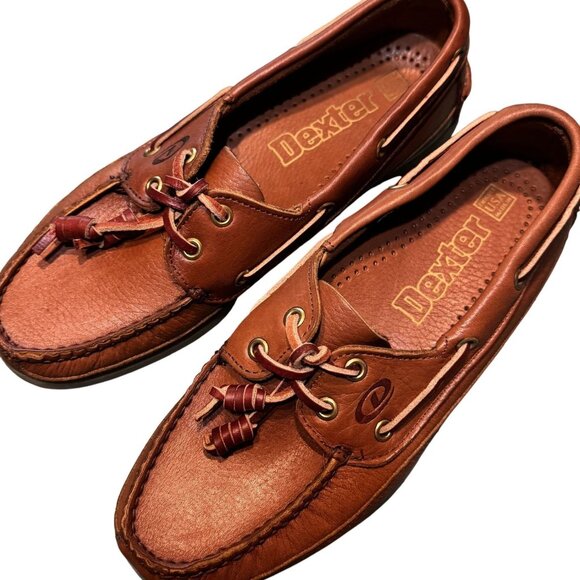 Dexter Mens Navigator II Boat Shoes 7.5M Tan Waxy Leather Casual Deck Loafers - Picture 1 of 7